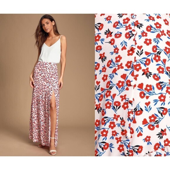 Lulus Size M Wandering Wonder Cotton Red High Rise Floral Maxi NEW Skirt Party - Picture 3 of 12